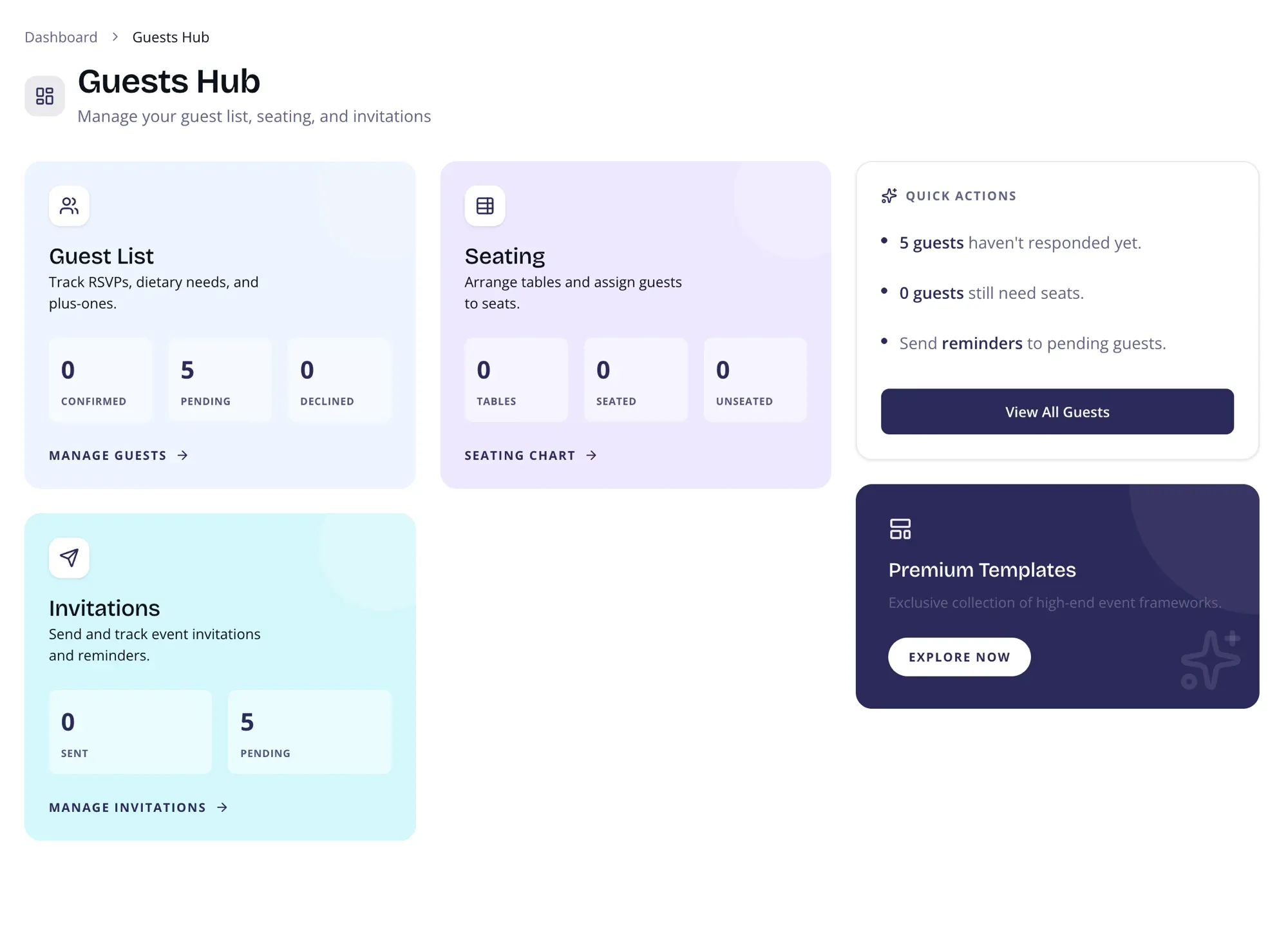 Guests Hub — guest list, seating, and invitations