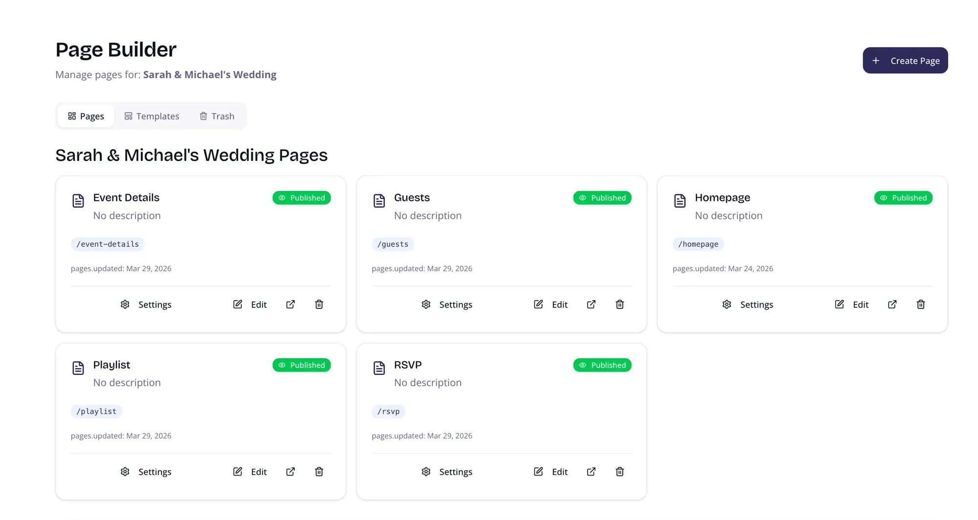 בונה עמודים — ניהול עמודי האירוע